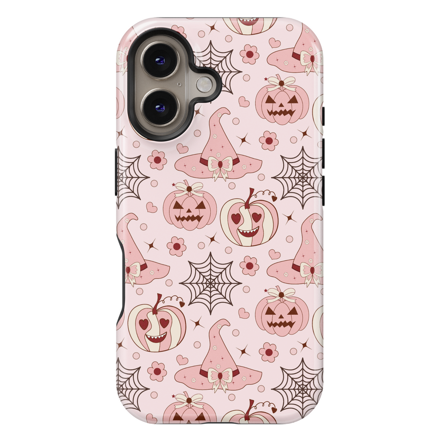 Pink Halloween iPhone case with pastel pumpkins, witch hats, hearts, and spiderwebs for iPhone 16 Pro Max, 15, 14, and 13
