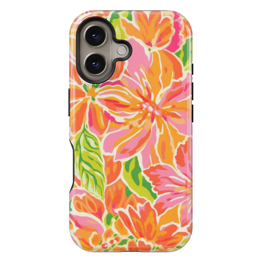 Colorful tropical floral phone case for iPhone 16 Pro Max featuring orange, pink, and green flower design with durable tough protection