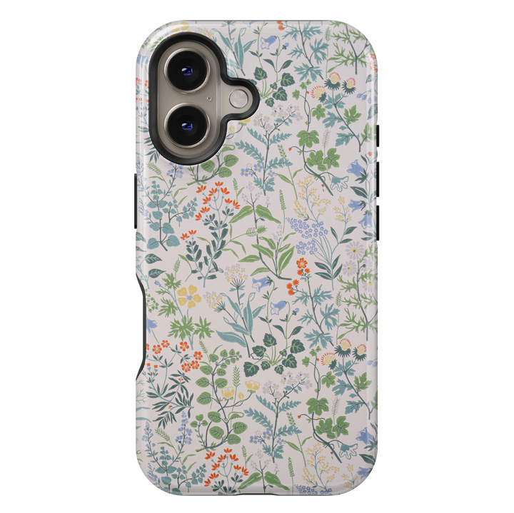 iPhone case featuring a delicate and colorful wildflower pattern with tiny blossoms and greenery on a soft cream background.
