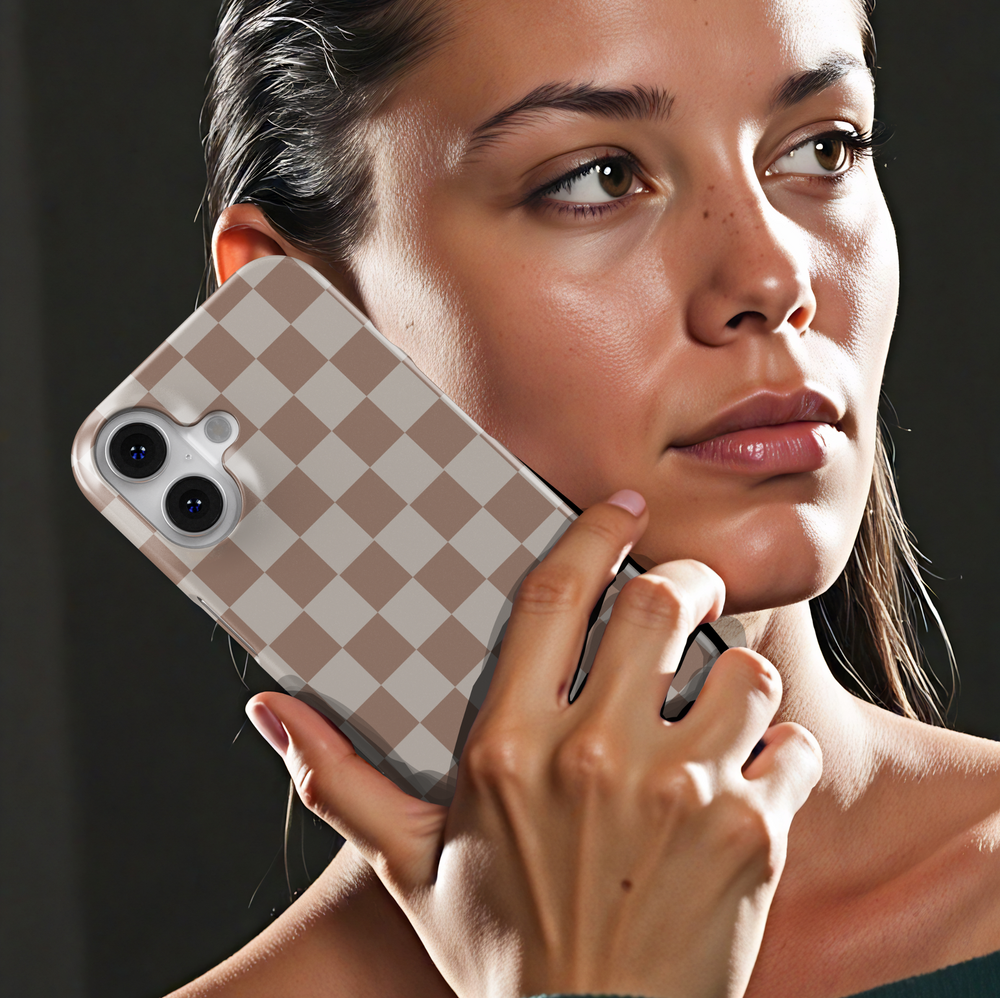 Beige Checker iPhone case, cozy fall aesthetic phone cover for iPhone 15, iPhone 14, iPhone 13 Pro Max. Warm checkered pattern slim snap protective case for autumn vibes and neutral style.