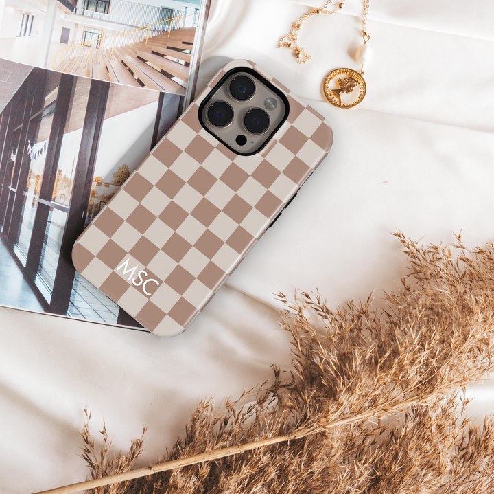 Beige Checker iPhone case, cozy fall aesthetic phone cover for iPhone 15, iPhone 14, iPhone 13 Pro Max. Warm checkered pattern slim snap protective case for autumn vibes and neutral style.