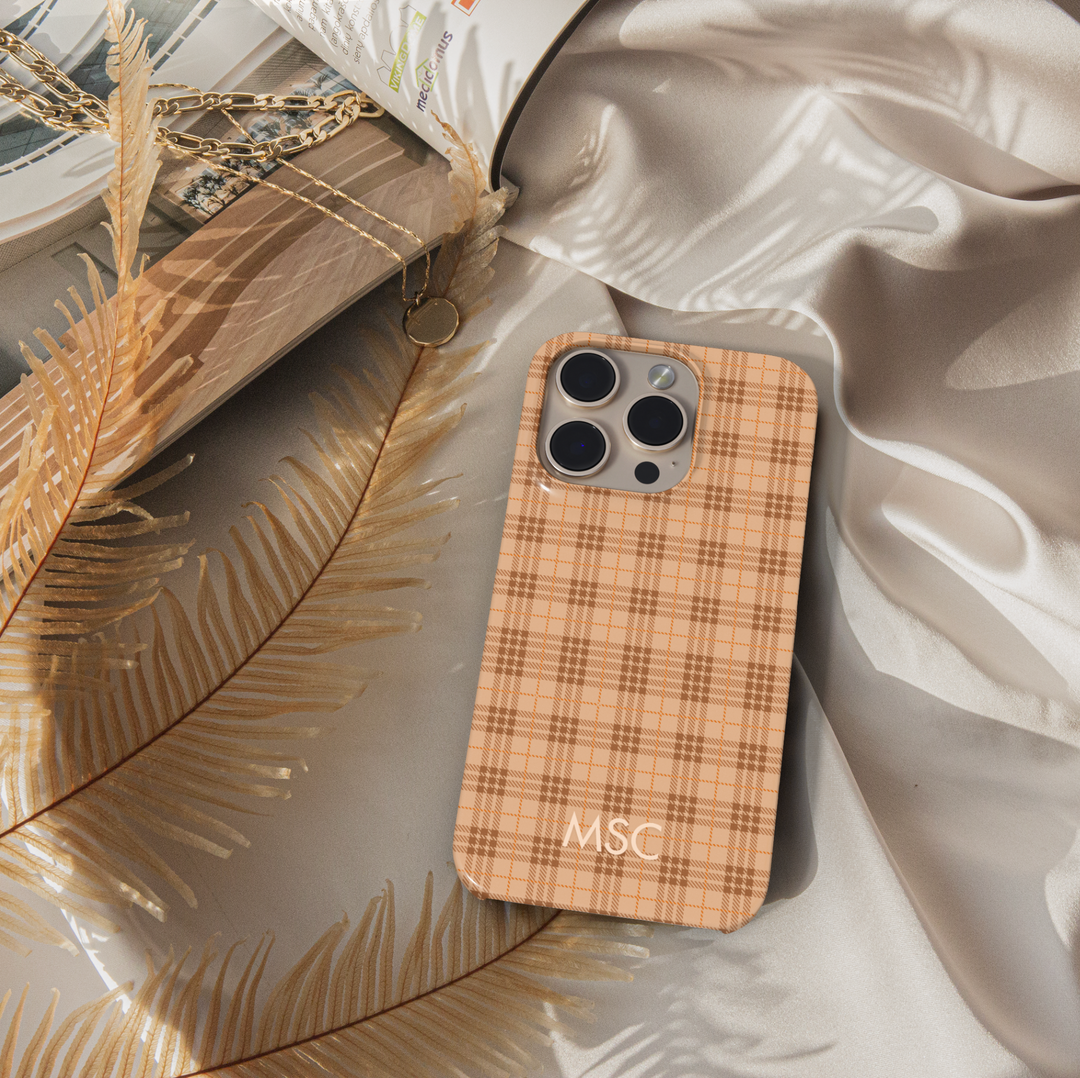 Brown plaid iPhone case, cozy fall aesthetic phone cover for iPhone 15, iPhone 14, iPhone 13 Pro Max. Warm checkered pattern slim snap protective case for autumn vibes and neutral style.