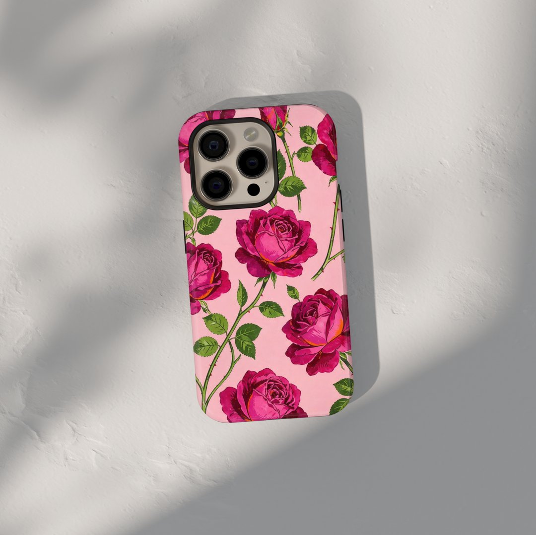 Pink rose floral Samsung Galaxy S26 Ultra case with vibrant rose pattern and soft pink background, protective aesthetic phone case.