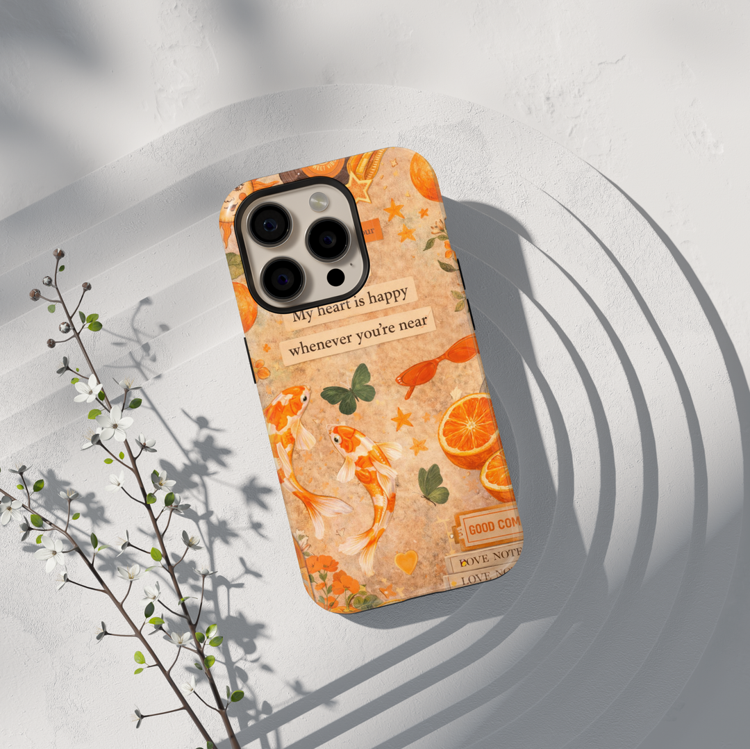 Romantic quote phone case with koi fish, orange slices and butterflies aesthetic tough case for iPhone and Samsung Galaxy