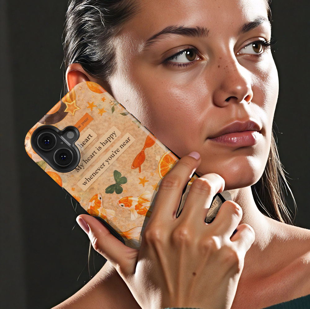 Romantic quote phone case with koi fish, orange slices and butterflies aesthetic tough case for iPhone and Samsung Galaxy