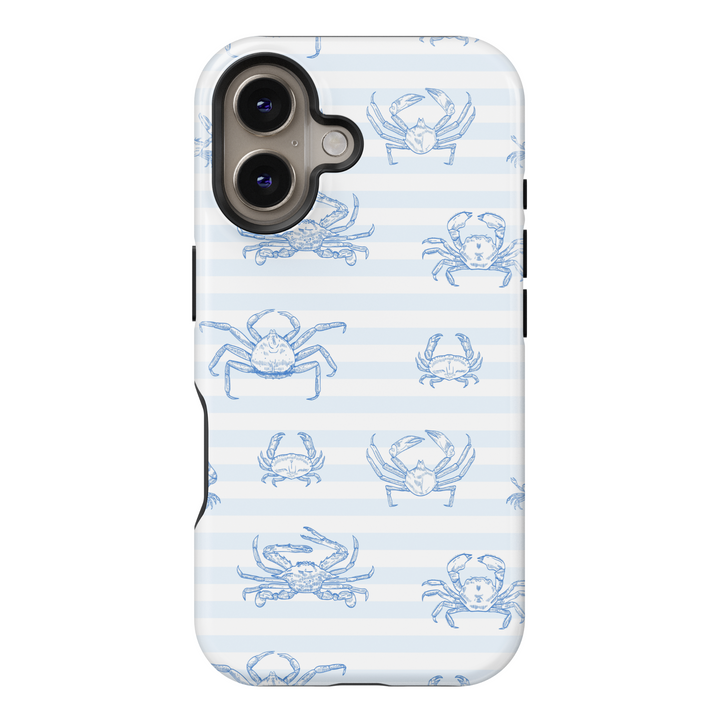Blue Crab Pattern iPhone Case with Light Nautical Stripes – Cute Ocean-Inspired Sketch Design