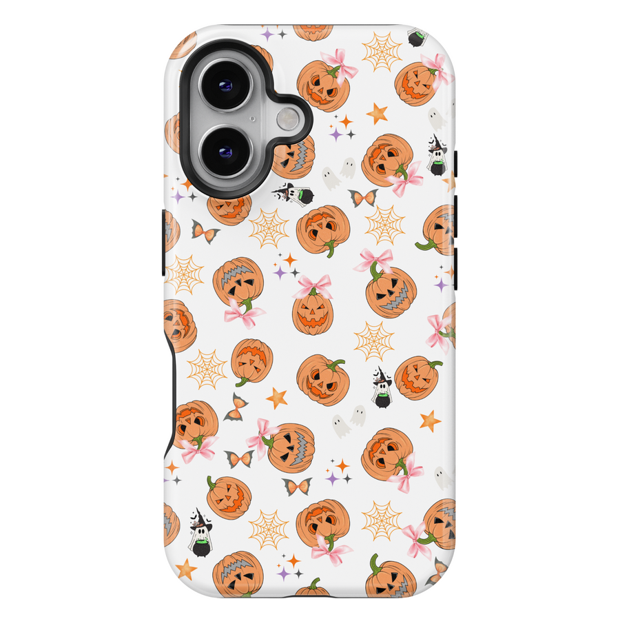 White Halloween iPhone Case with Pumpkins, Ghosts, and Pink Bows – MagSafe iPhone 16 Pro Max Case for Women