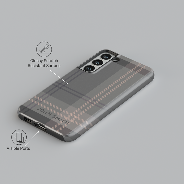 Custom name gray plaid Samsung Galaxy phone case. Sleek and sophisticated protective cover for Galaxy S25 Ultra, S24 FE, S23, and more.