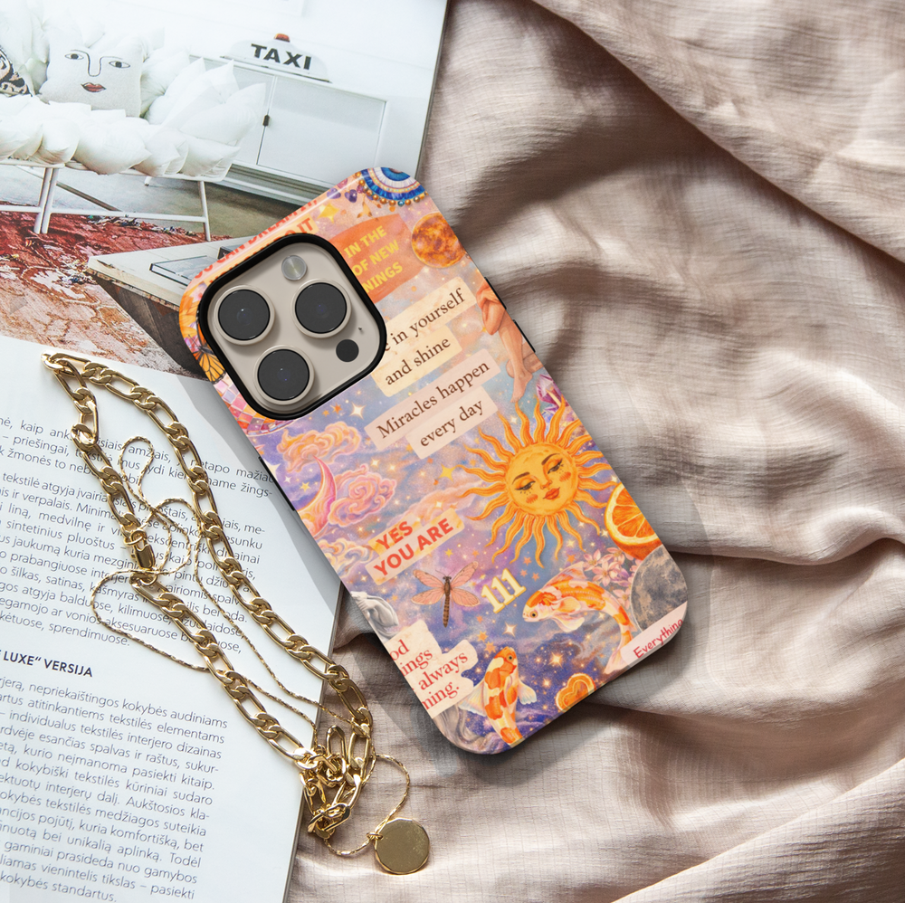 Celestial affirmation phone case with sun, angel number 111, koi fish and motivational quotes aesthetic tough case for iPhone and Samsung Galaxy