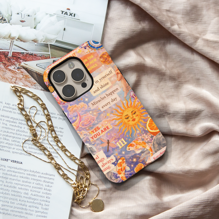 Celestial affirmation phone case with sun, angel number 111, koi fish and motivational quotes aesthetic tough case for iPhone and Samsung Galaxy