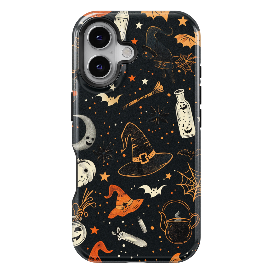 Black iPhone case with Halloween design featuring witch hats, bats, crescent moons, cobwebs, stars, and orange accents – protective and aesthetic tough cover.