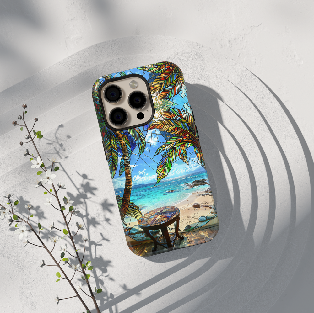 Stained glass palm tree beach phone case with ocean view on Samsung Galaxy protective case