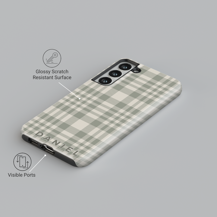 Personalized sage green plaid Samsung Galaxy phone case with a custom name design. Chic and stylish protective cover for Galaxy S25 Ultra, S24 FE, and more.