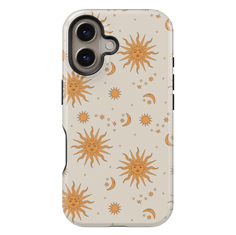 Cream celestial iPhone case with vintage orange sun faces, crescent moons, and scattered stars in a hand-drawn style.