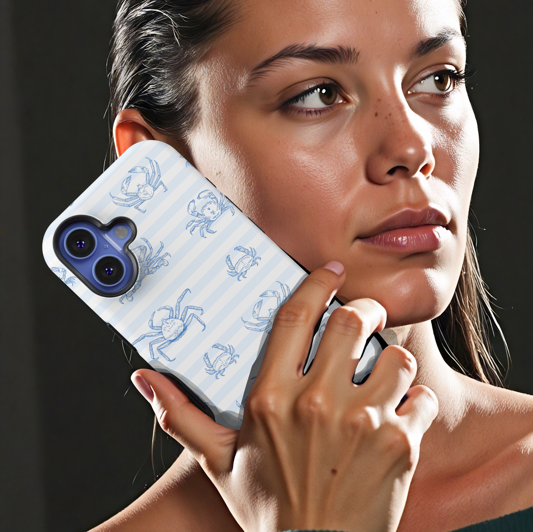 Blue Crab Pattern iPhone Case with Light Nautical Stripes – Cute Ocean-Inspired Sketch Design