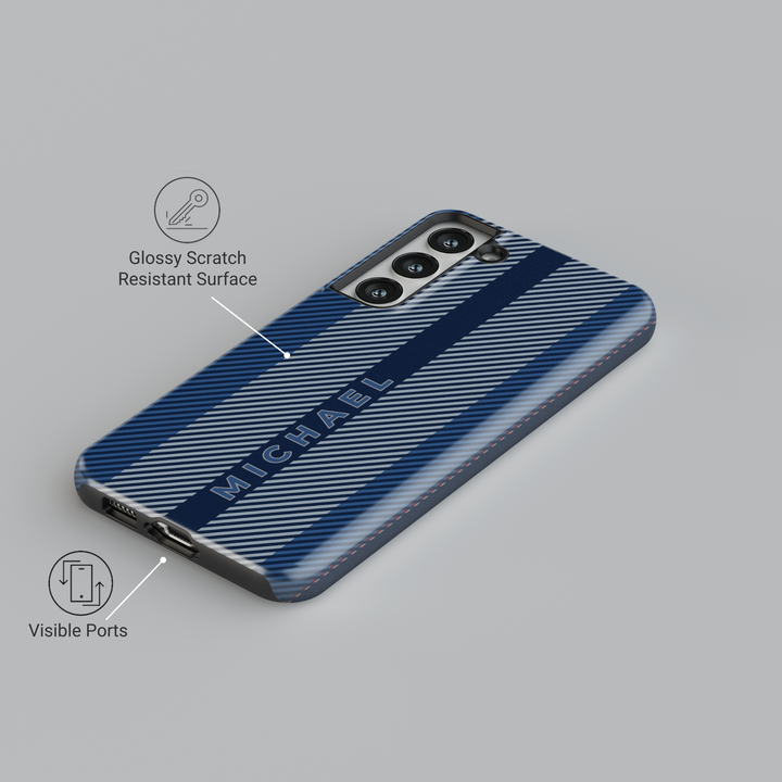 Personalized navy blue striped Samsung Galaxy phone case with a custom name design. Sleek and modern protective cover for Galaxy S25 Ultra, S24 FE, and more.