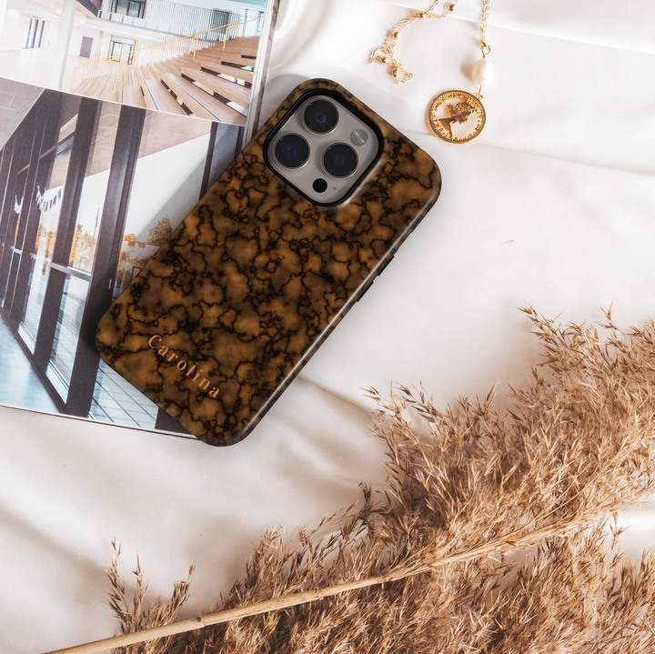 Personalized brown marble phone case with custom name Carolina, glossy neutral luxury design for iPhone and Samsung Galaxy