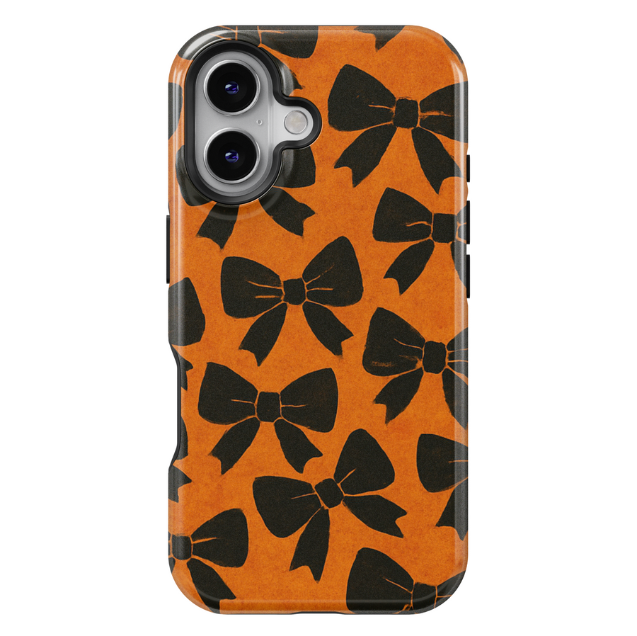 Orange iPhone Case with Black Bow Pattern – MagSafe iPhone 16 Pro Max Case for Women

