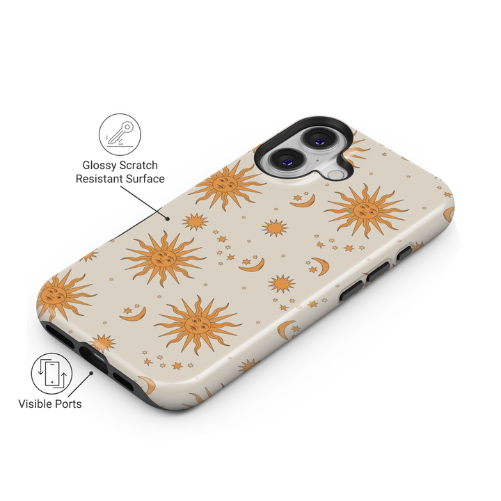 Cream celestial iPhone case with vintage orange sun faces, crescent moons, and scattered stars in a hand-drawn style.