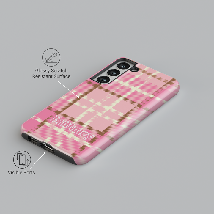 Personalized pink plaid Samsung Galaxy phone case with a custom name design. Aesthetic and stylish protective cover for Galaxy S25 Ultra, S24 FE, and more.