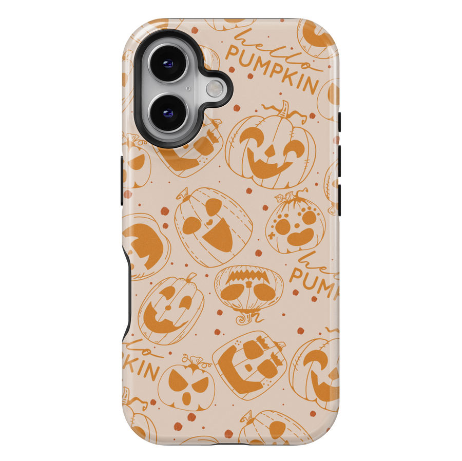Pumpkin doodle Halloween phone case with orange jack-o’-lantern designs on a neutral background for iPhone and Samsung.