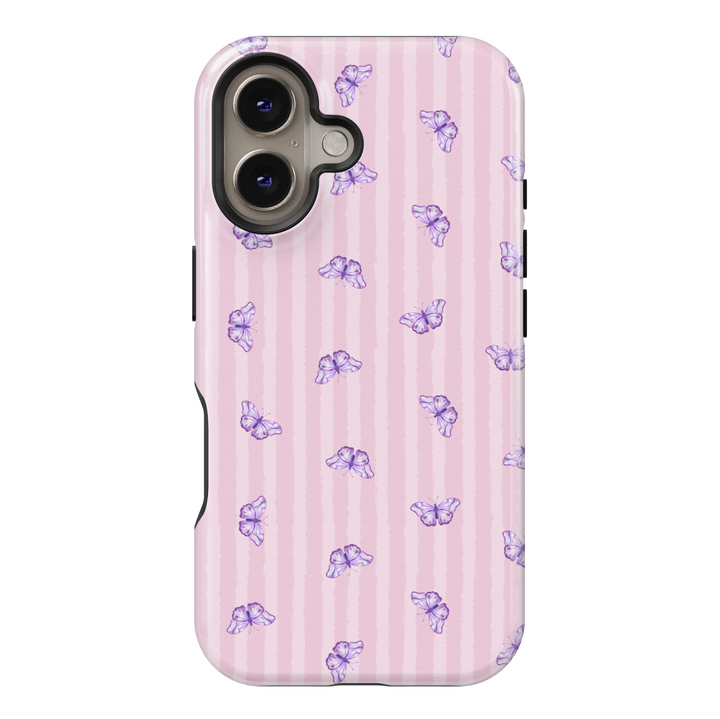 Cute iPhone Case with Purple Butterflies on Pink Striped Background – Coquette Girly Protective Cover