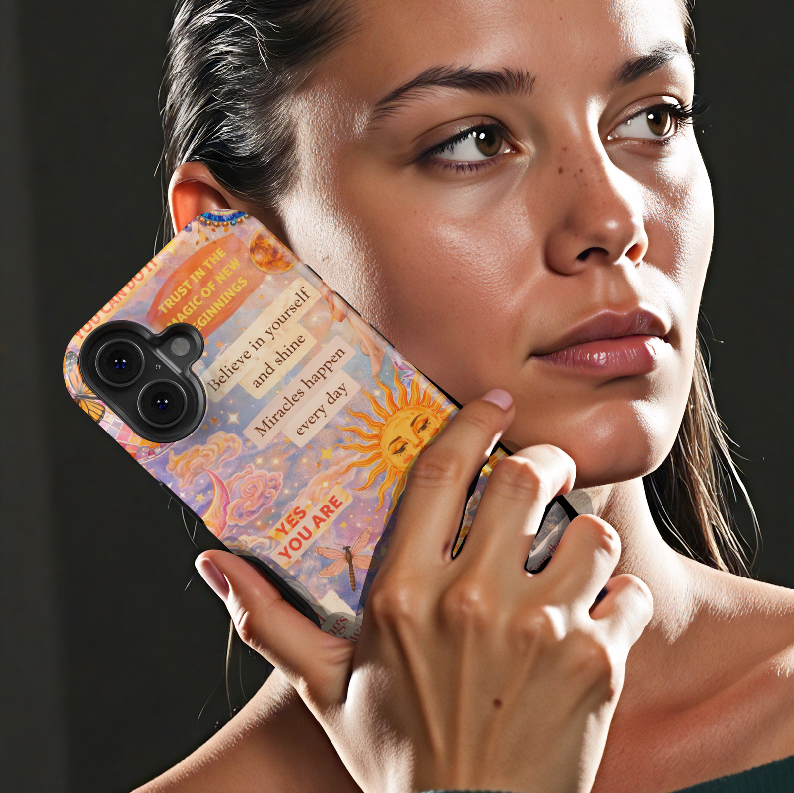 Celestial affirmation phone case with sun, angel number 111, koi fish and motivational quotes aesthetic tough case for iPhone and Samsung Galaxy