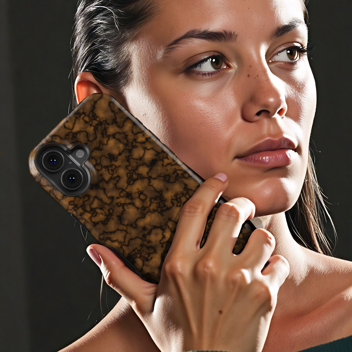 Personalized brown marble phone case with custom name Carolina, glossy neutral luxury design for iPhone and Samsung Galaxy