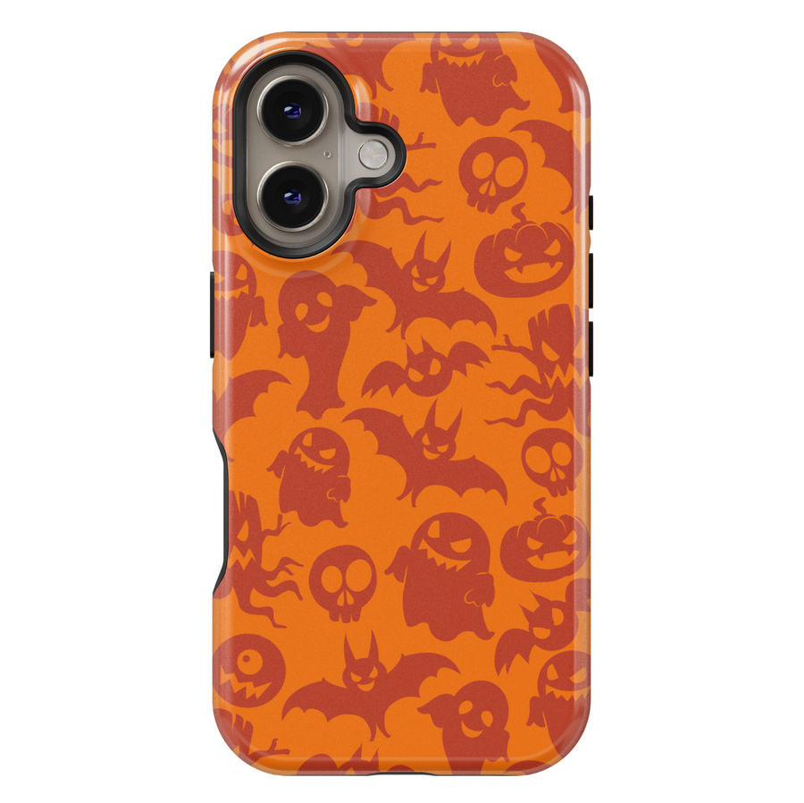 Orange Halloween iPhone case featuring a seamless pattern of spooky red ghosts, bats, pumpkins, skulls, and creepy eyes for a fun and festive look.