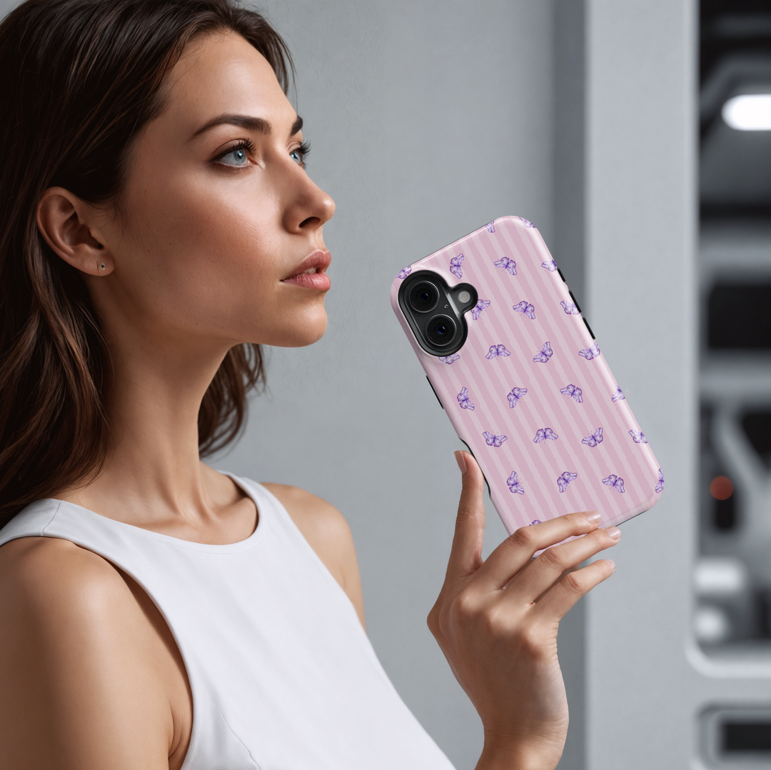 Cute iPhone Case with Purple Butterflies on Pink Striped Background – Coquette Girly Protective Cover
