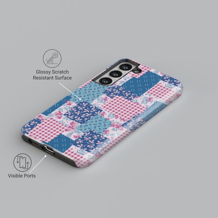 Charming patchwork Samsung Galaxy phone case featuring a vintage-inspired mix of floral, gingham, and polka dot patterns in blue and pink hues. Aesthetic protective cover for Samsung Galaxy S25 Ultra, S24 FE, S23, and more.