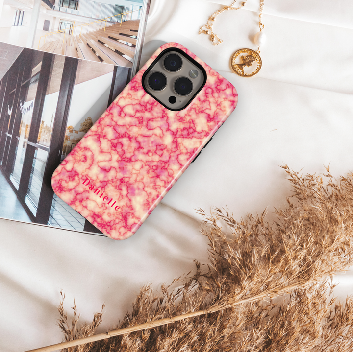 Personalized pink marble phone case with custom name Danielle, glossy girly design for iPhone and Samsung Galaxy