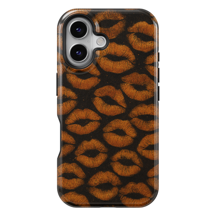 Black iPhone Case with Bronze Lips Pattern – MagSafe iPhone 16 Pro Max Case for Women