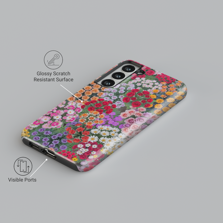 Vibrant floral Samsung Galaxy S25 Ultra, S24 FE, S24 Ultra phone case featuring a stunning array of multicolored roses, daisies, and blossoms. Aesthetic and chic botanical design for a stylish spring look.