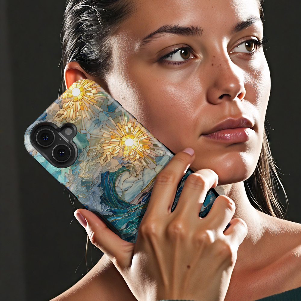 Stained glass ocean wave phone case with golden sunburst and layered blue sea design on a tough protective case
