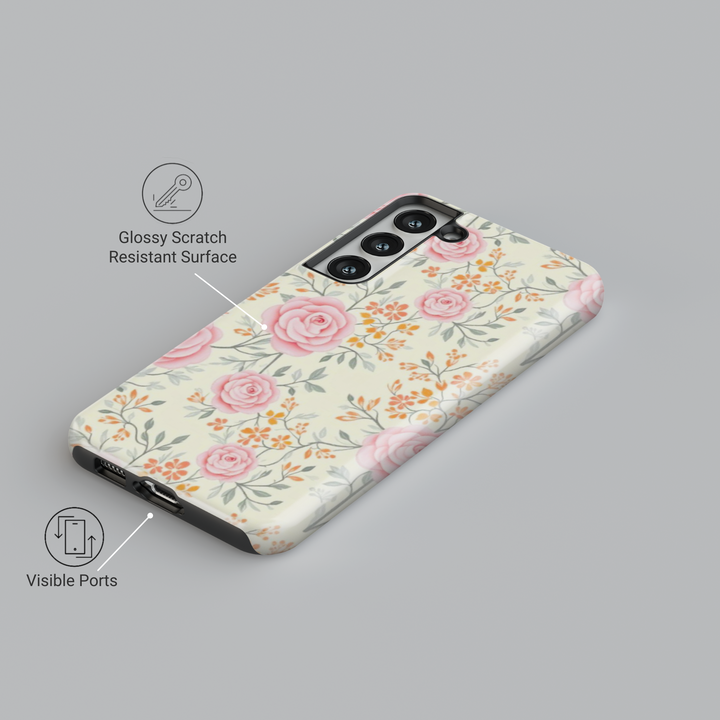 Cute floral Samsung Galaxy S25 Ultra, S24 FE, S24 Ultra phone case featuring a golden retriever holding flowers in a vibrant spring garden. Aesthetic pet lover’s design with colorful flowers.