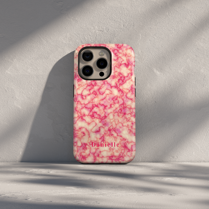 Personalized pink marble phone case with custom name Danielle, glossy girly design for iPhone and Samsung Galaxy