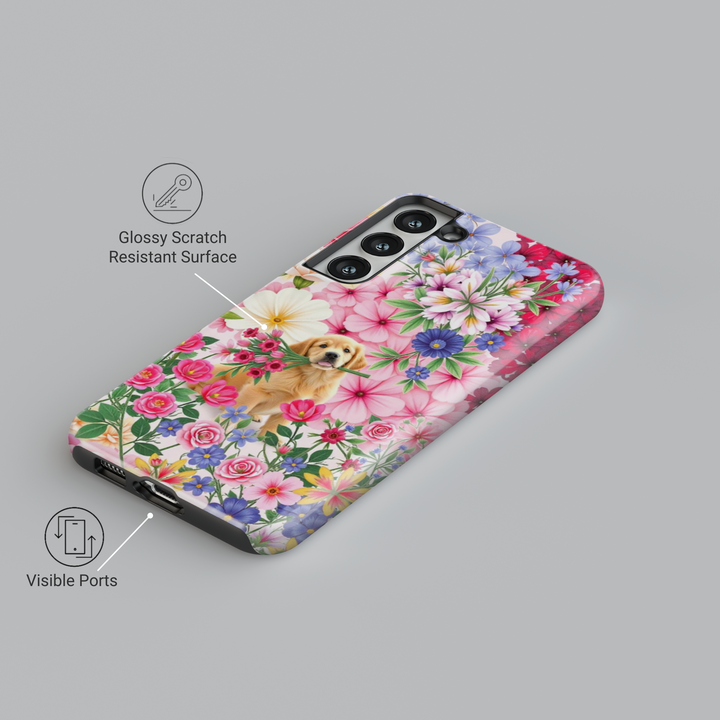 Cute floral Samsung Galaxy S25 Ultra, S24 FE, S24 Ultra phone case featuring a golden retriever holding flowers in a vibrant spring garden. Aesthetic pet lover’s design with colorful flowers.
