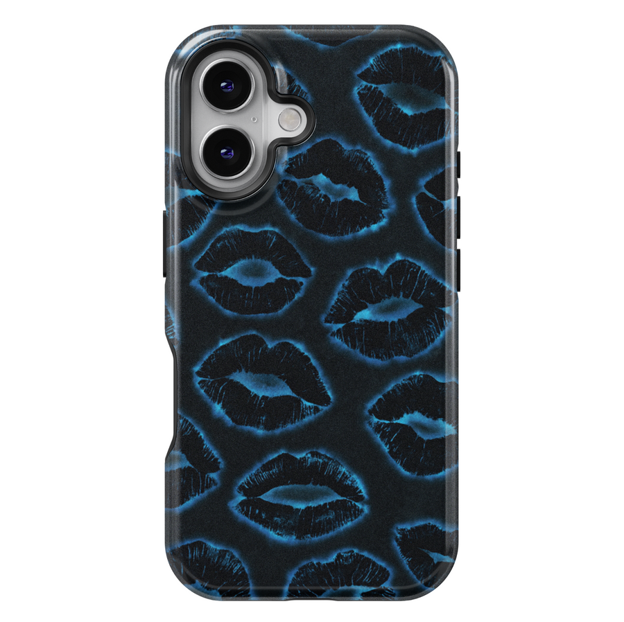 Black iPhone Case with Neon Blue Lips Pattern – MagSafe iPhone 16 Pro Max Case for Women