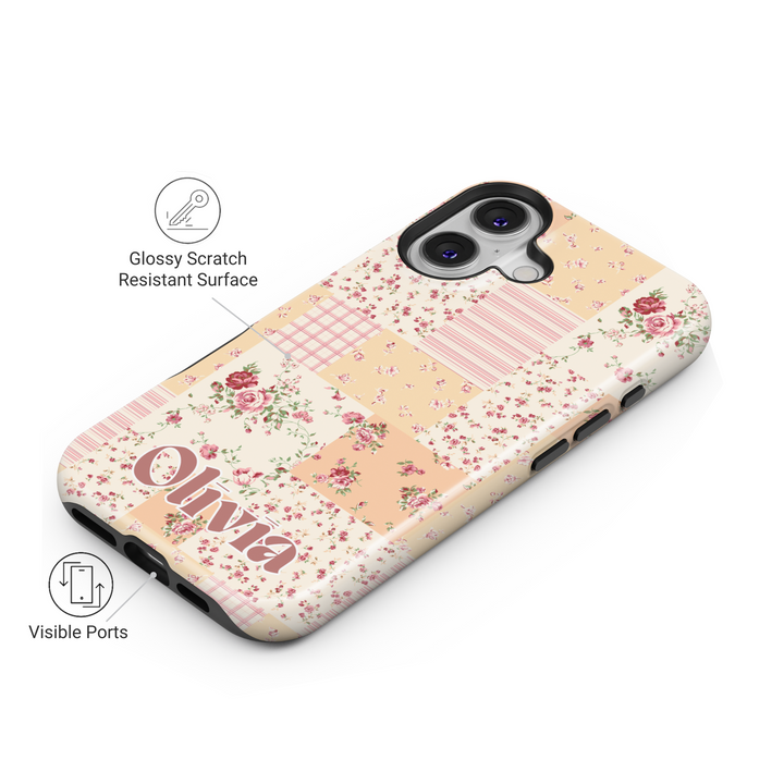 Personalized floral patchwork iPhone case with vintage-inspired rose patterns and custom name. Aesthetic cottagecore phone cover.