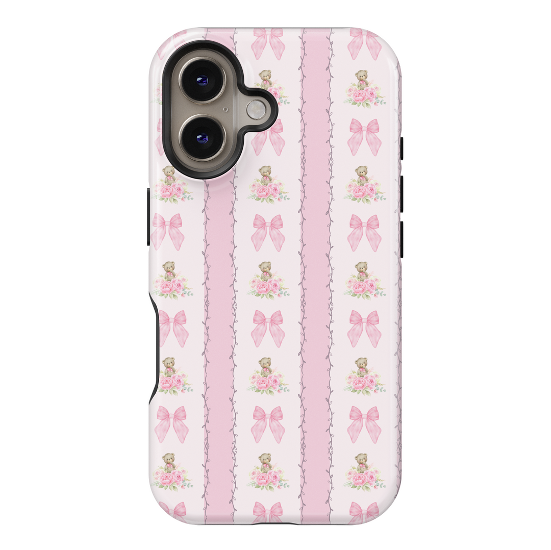 Pink Teddy Bear and Bow iPhone Case with Coquette Stripes and Floral Accents – Cute Protective Cover

