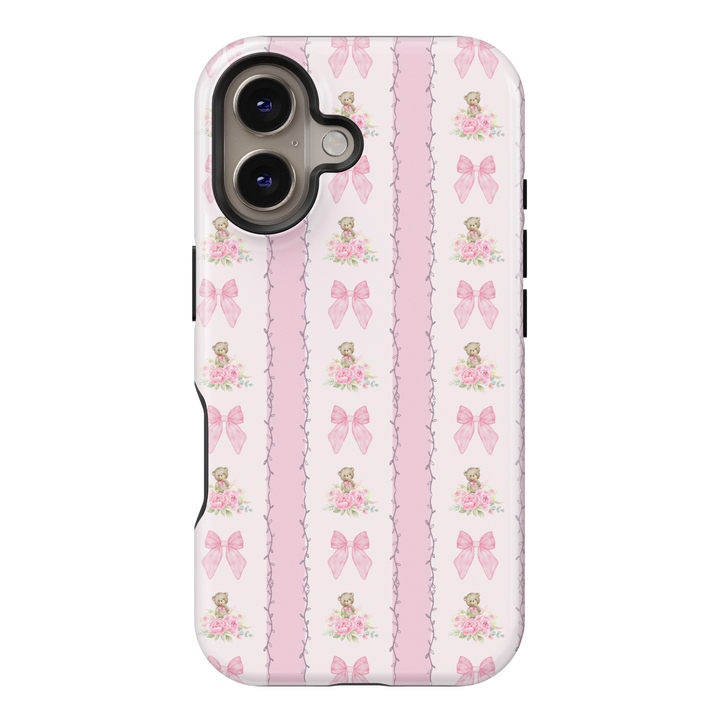 Pink Teddy Bear and Bow iPhone Case with Coquette Stripes and Floral Accents – Cute Protective Cover

