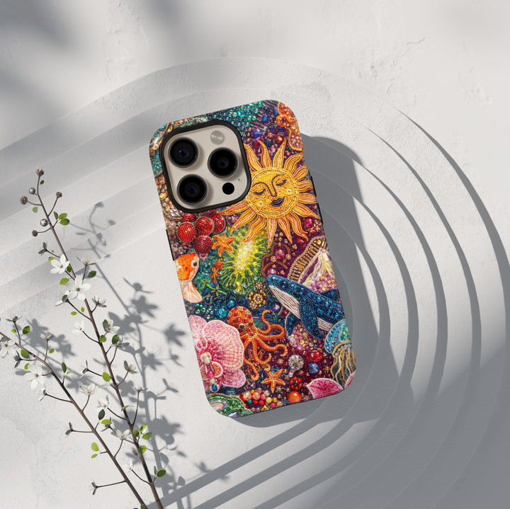 Colorful ocean phone case with jeweled sun, whale, octopus and sparkling sea life design, protective tough case for iPhone and Samsung Galaxy