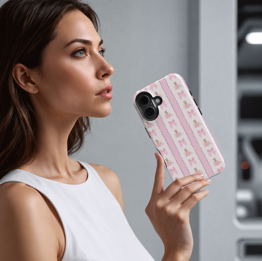Pink Teddy Bear and Bow iPhone Case with Coquette Stripes and Floral Accents – Cute Protective Cover


