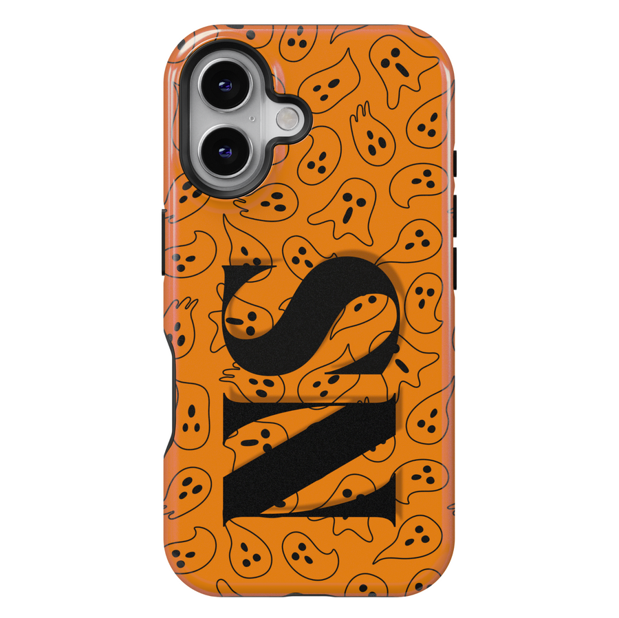Orange Ghost Pattern iPhone Case with Black Monogram – MagSafe iPhone 16 Pro Max Case for Women