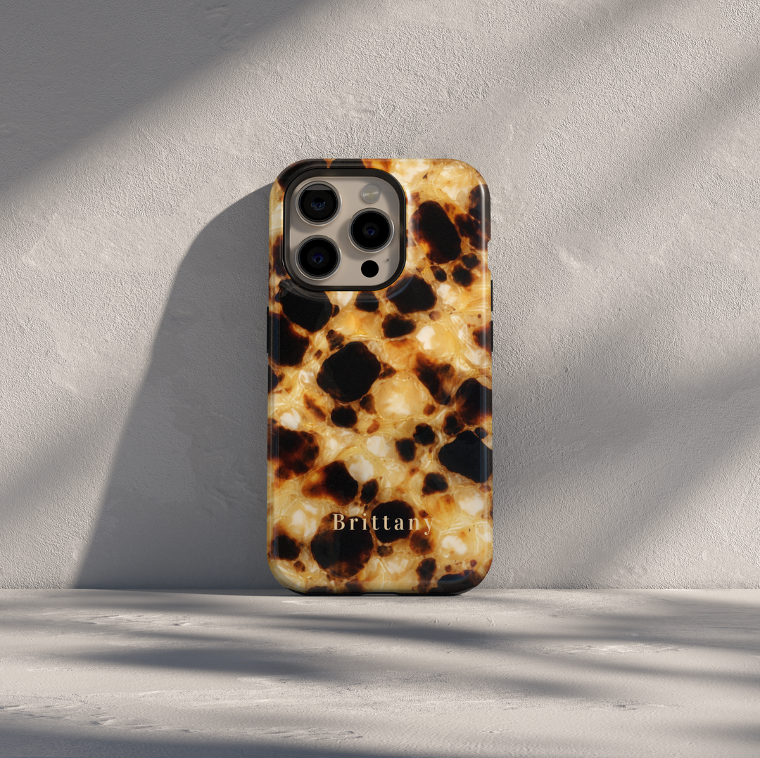 Personalized tortoiseshell phone case with custom name Brittany, glossy brown girly design for iPhone and Samsung Galaxy