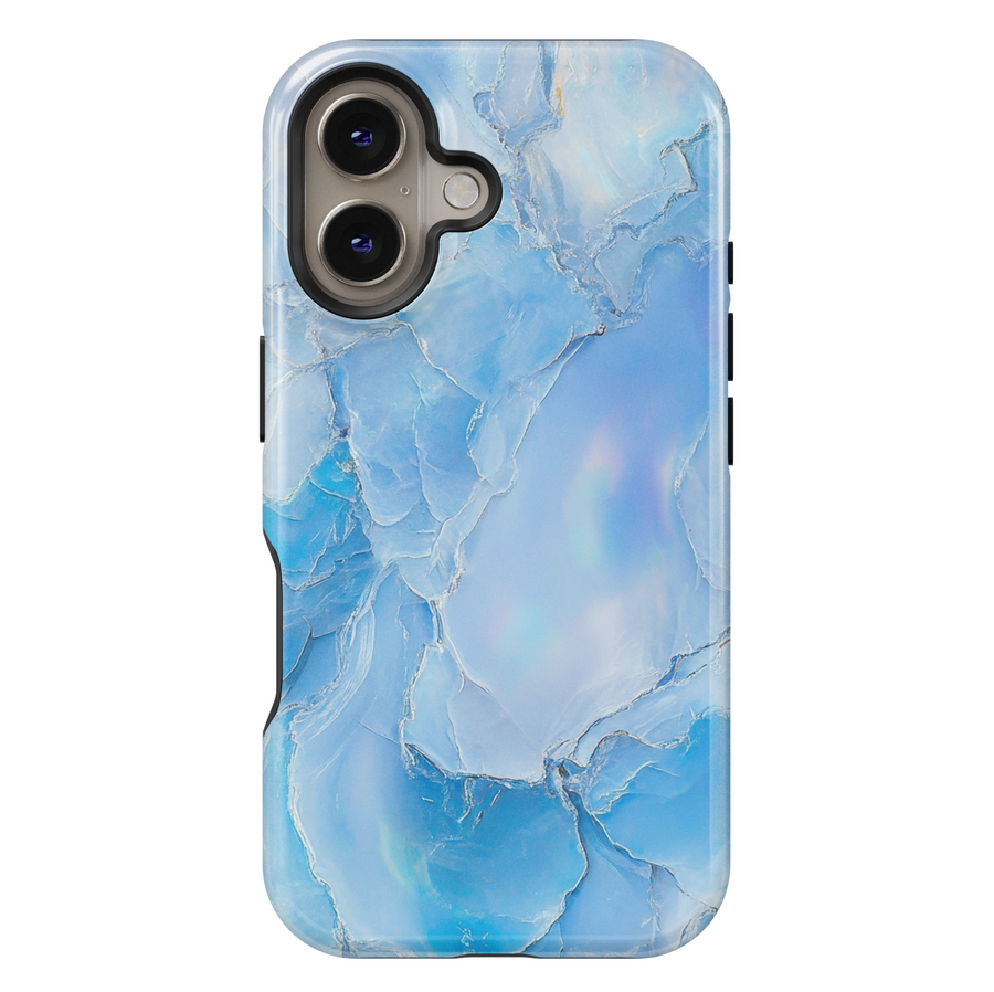 Light blue opal marble iPhone case with shimmer finish – compatible with iPhone 16 Pro, 15, 14 Plus, Galaxy S24 Ultra, and MagSafe.