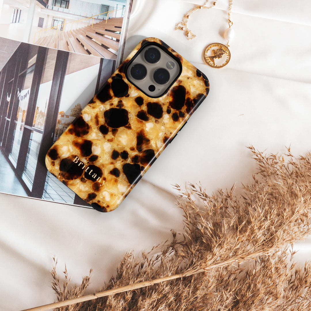 Personalized tortoiseshell phone case with custom name Brittany, glossy brown girly design for iPhone and Samsung Galaxy