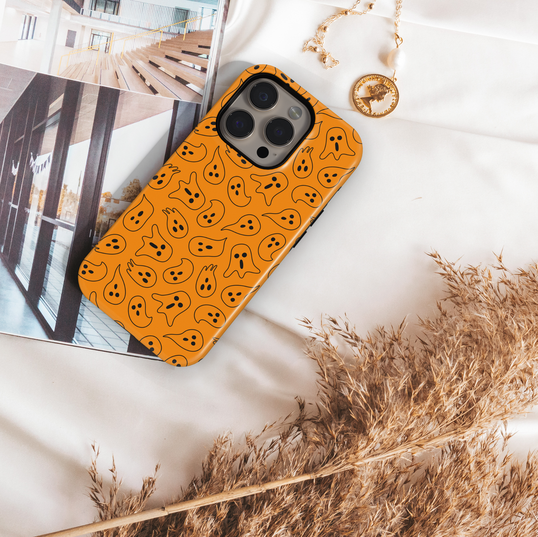 Orange Ghost Pattern iPhone Case with Black Monogram – MagSafe iPhone 16 Pro Max Case for Women