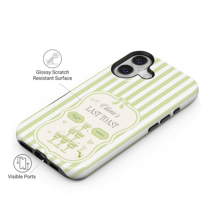 Elegant custom bachelorette party iPhone case with Green and white stripes, champagne tower illustration, and personalized name and date.